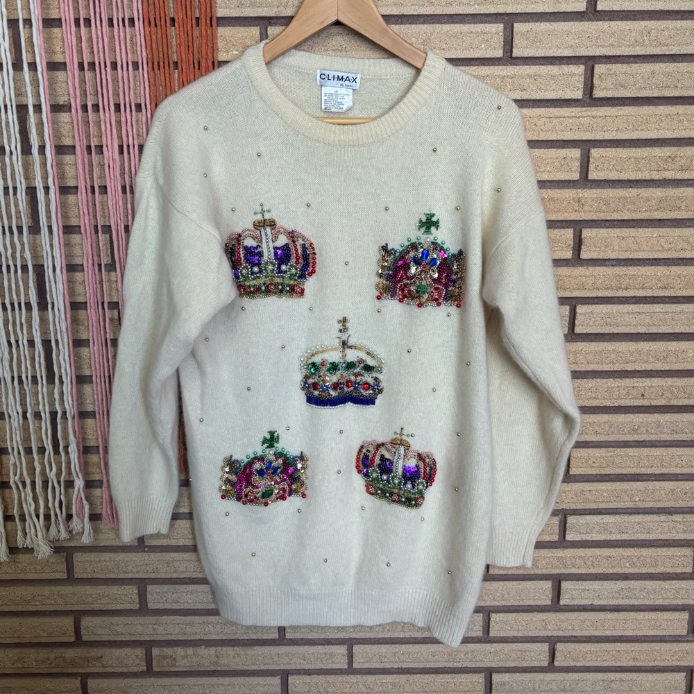 90's Wool/Angora Blend Pullover Sweater with Sequin Crowns - Med - 90's Bling